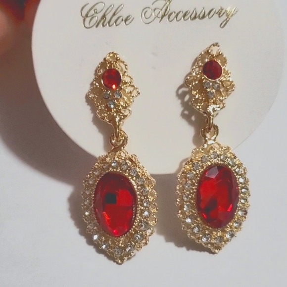 Alloy and crystal inlay earrings, durable earrings, gold color and red stone dan - Picture 6 of 8